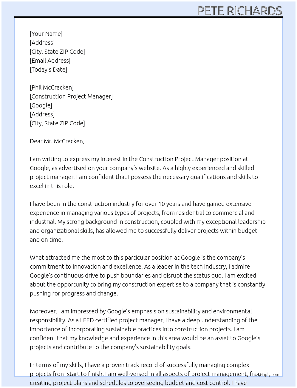 Construction Project Manager At google Cover Letter