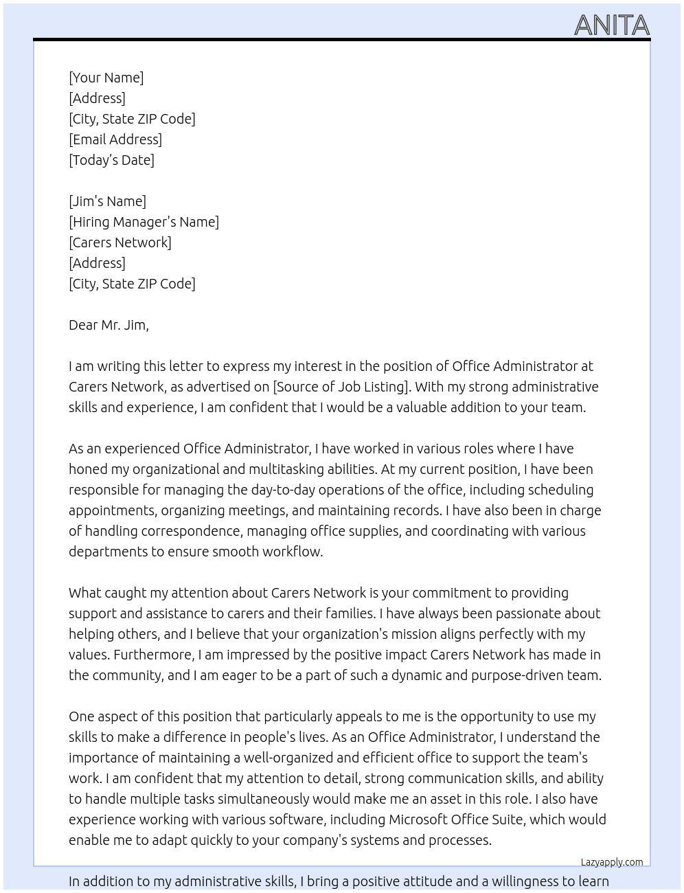 Office Administrator At Carers Network Cover Letter