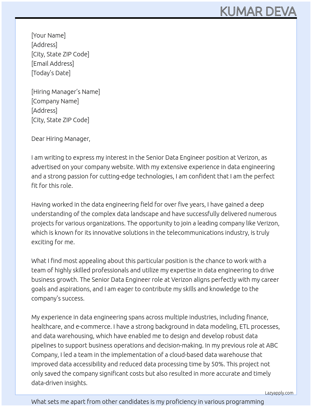 Senior Data Engineer At Verizon Cover Letter