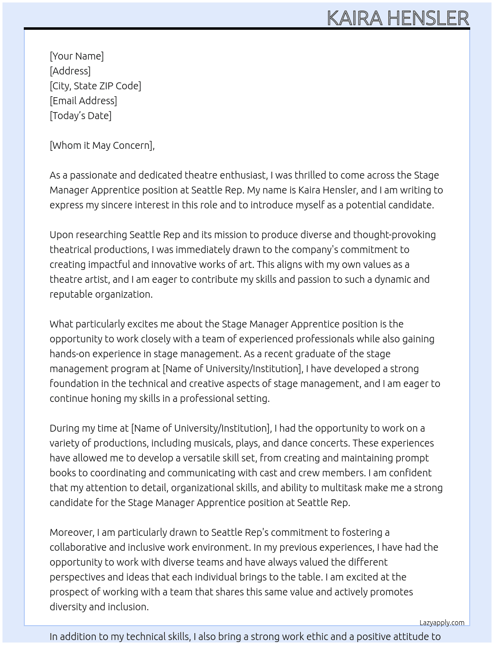 Stage Manager Apprentice At Seattle Rep Cover Letter