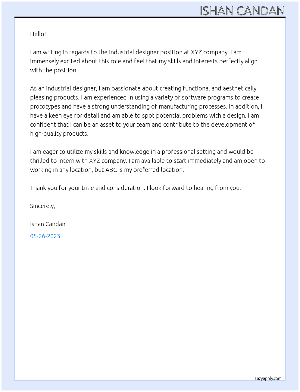 Industrial designer At Xyz Cover Letter