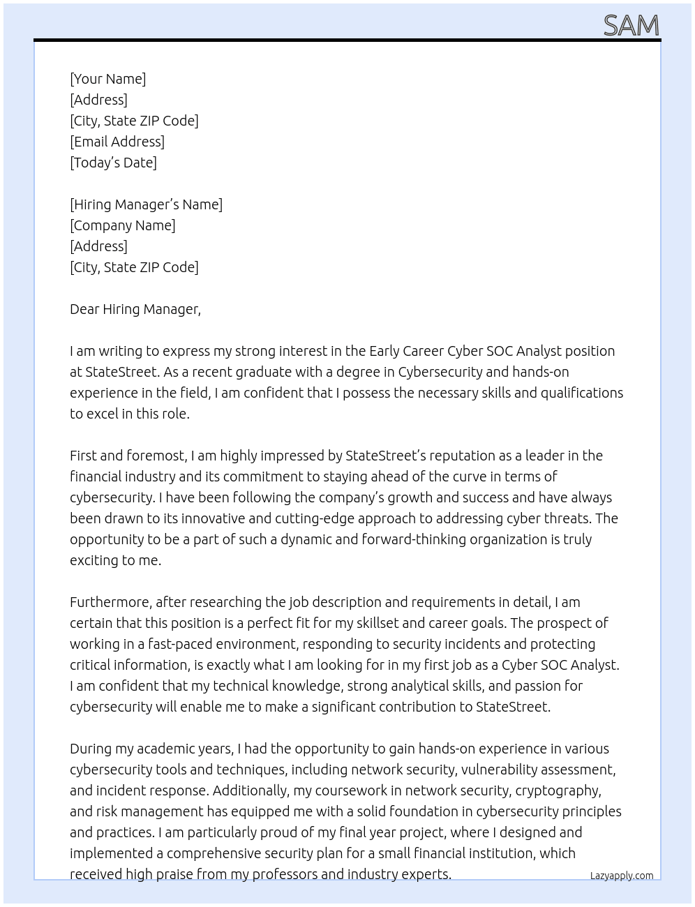 Early Career Cyber SOC Analyst At StateStreet Cover Letter