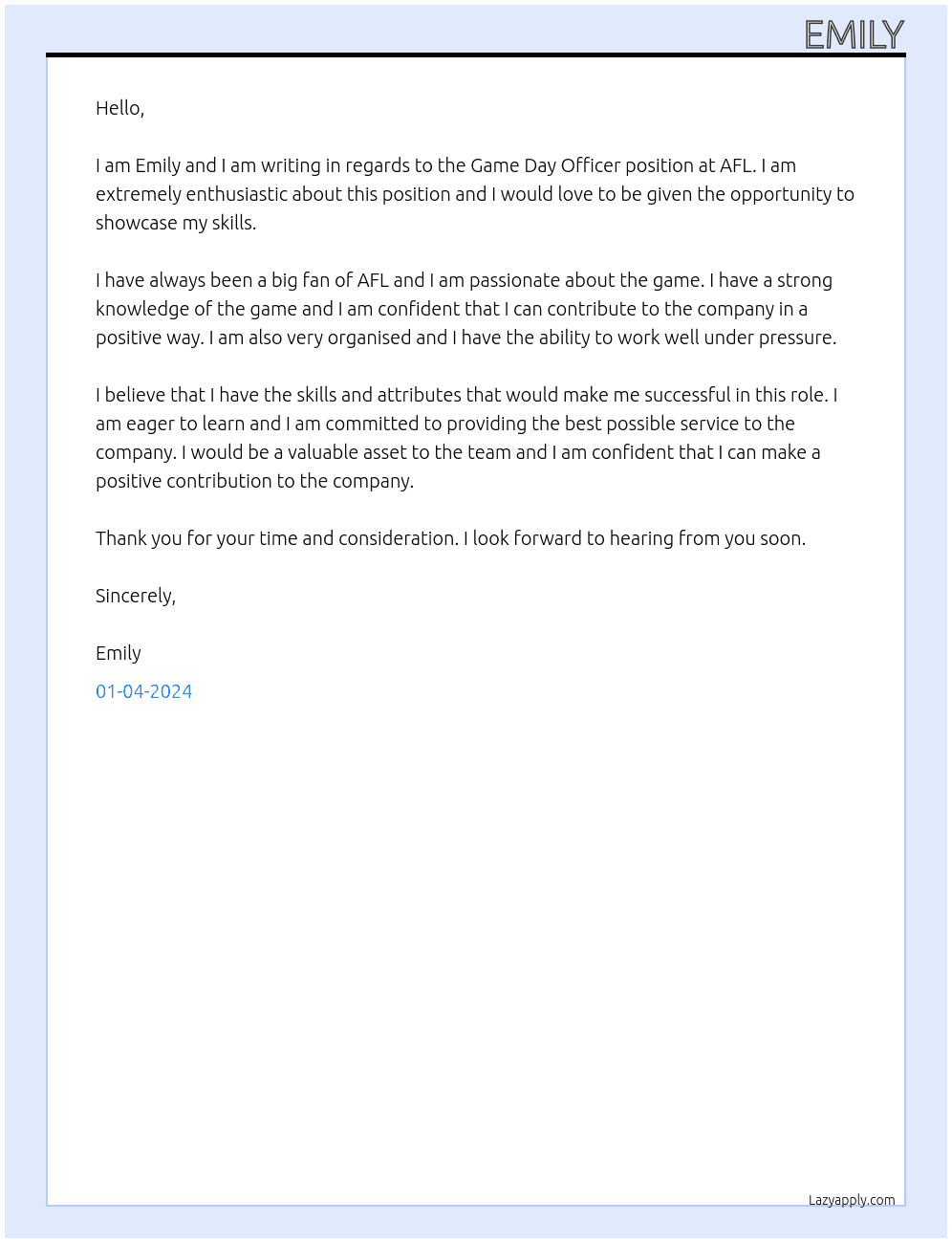 Game Day officer At AFL Cover Letter