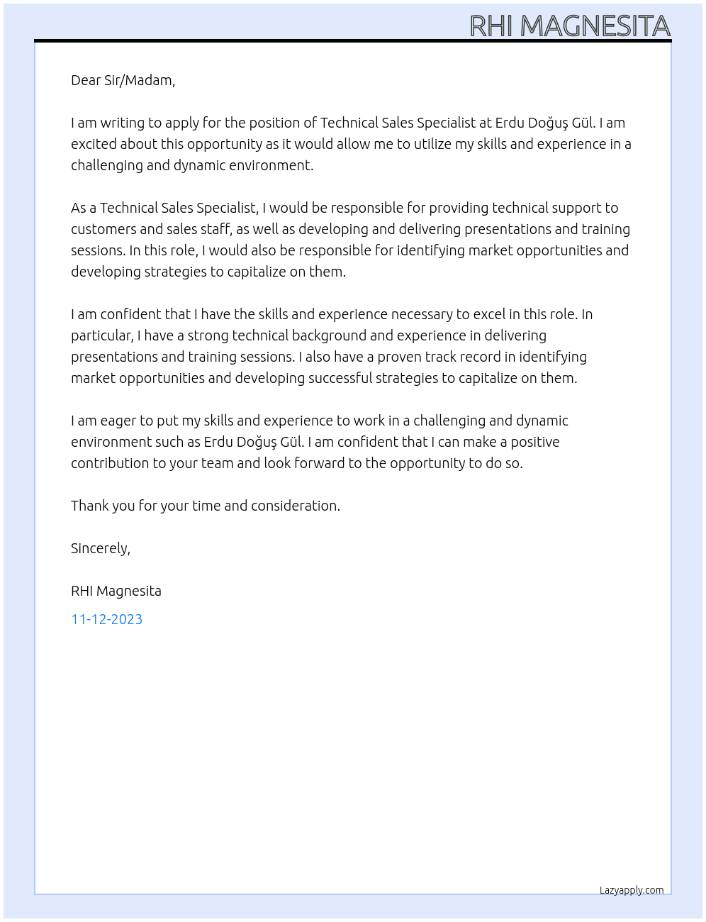 Technical Sales Specialist At Erdu Doğuş Gül Cover Letter