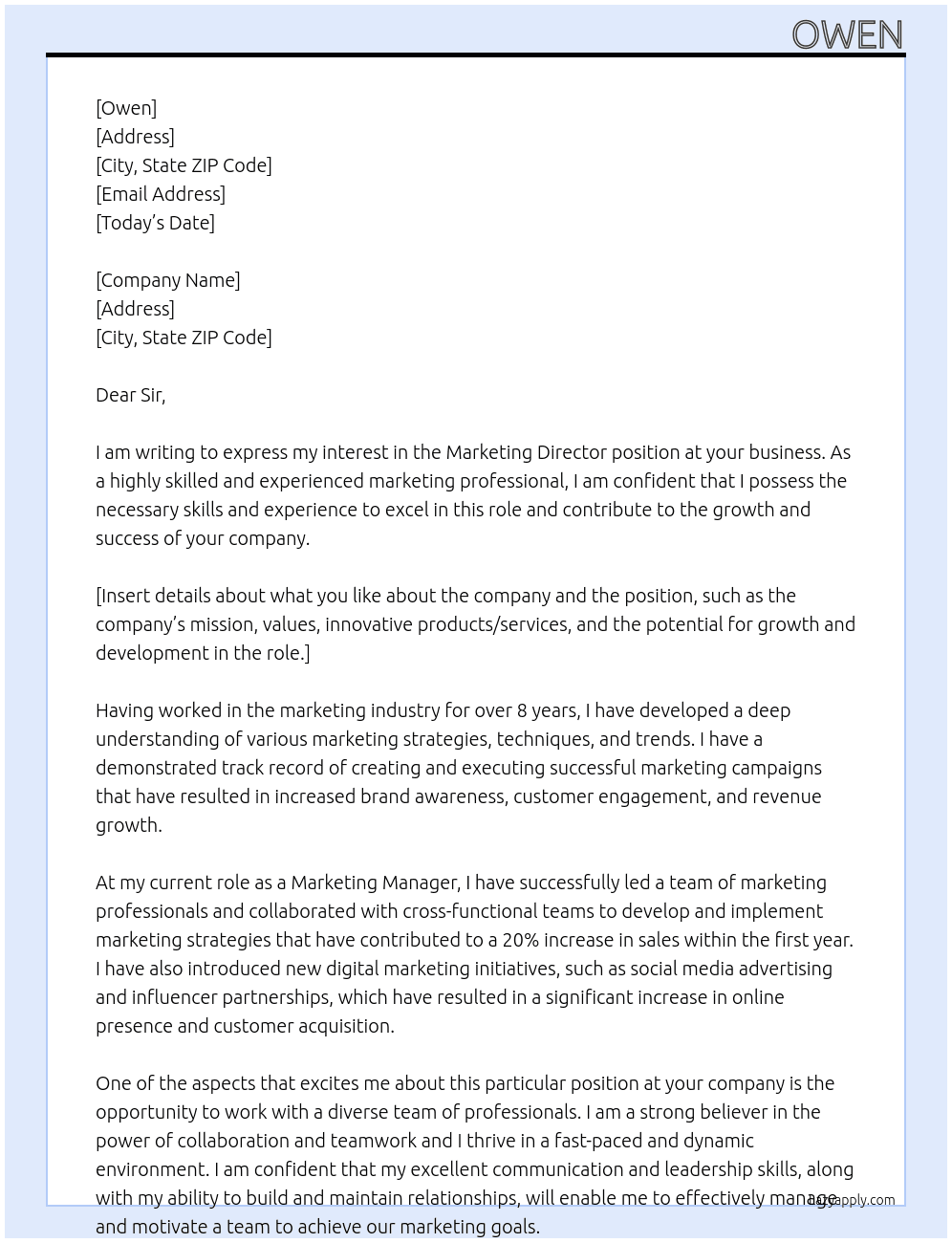 Marketing director At your buisness Cover Letter