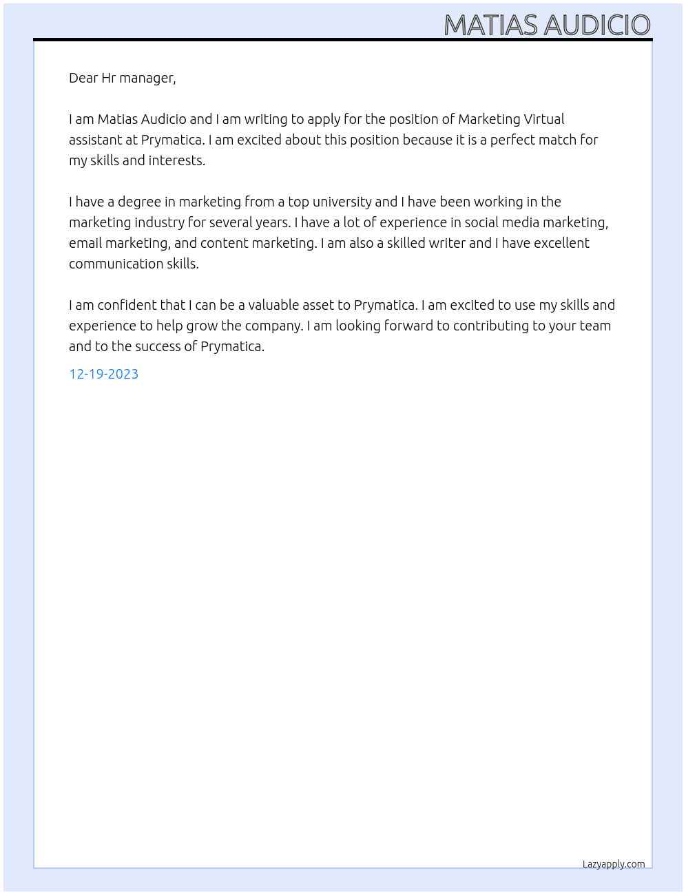 Marketing VIrtual assistant  At Prymatica Cover Letter