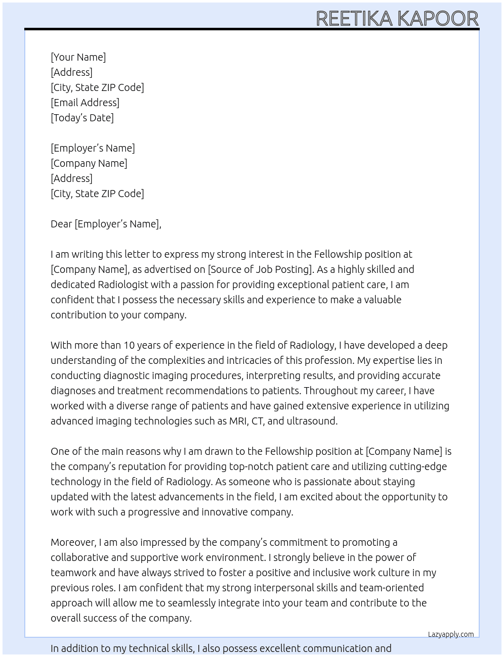 Fellowship At rk  Cover Letter