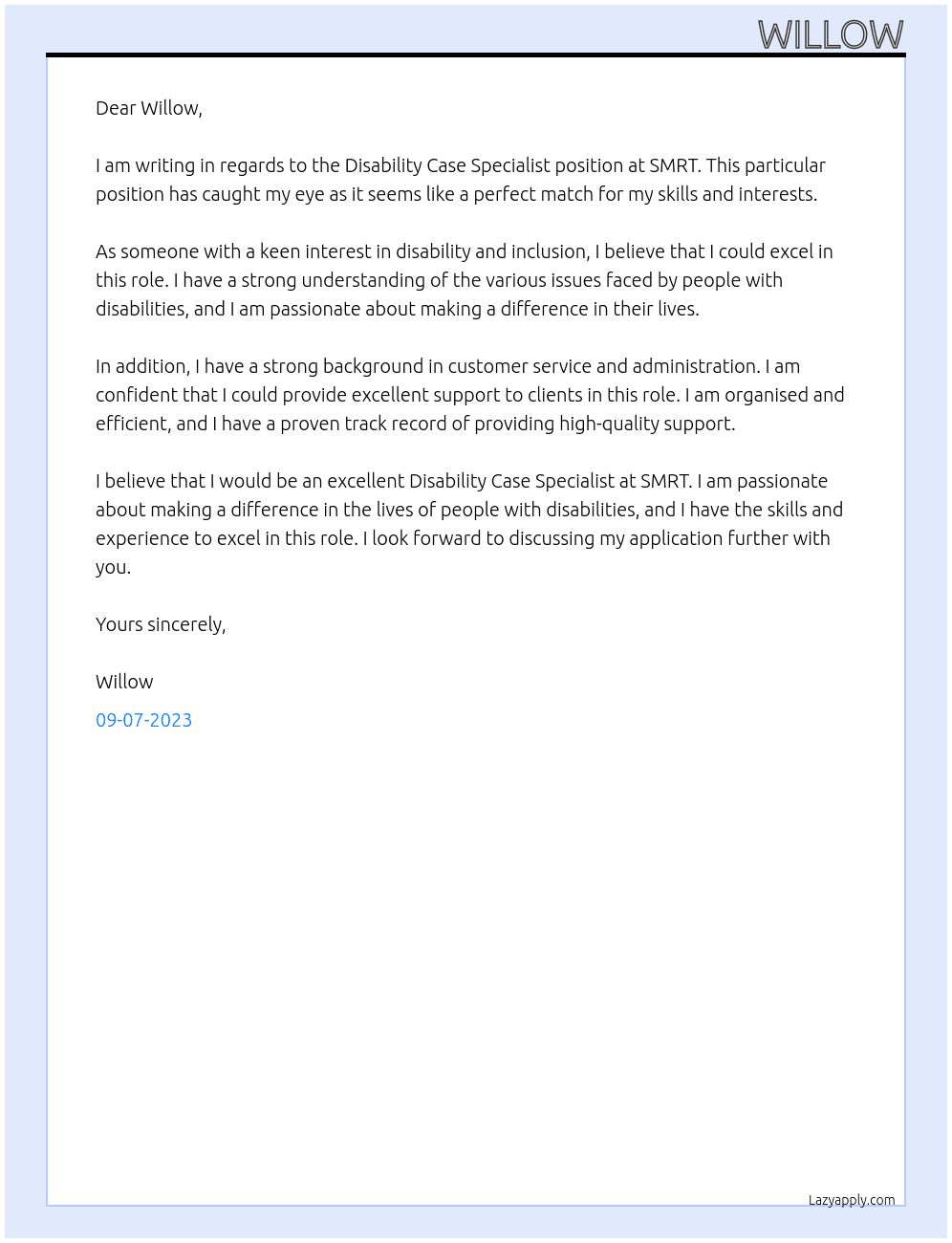 Disability Case Specialist At SMRT Cover Letter