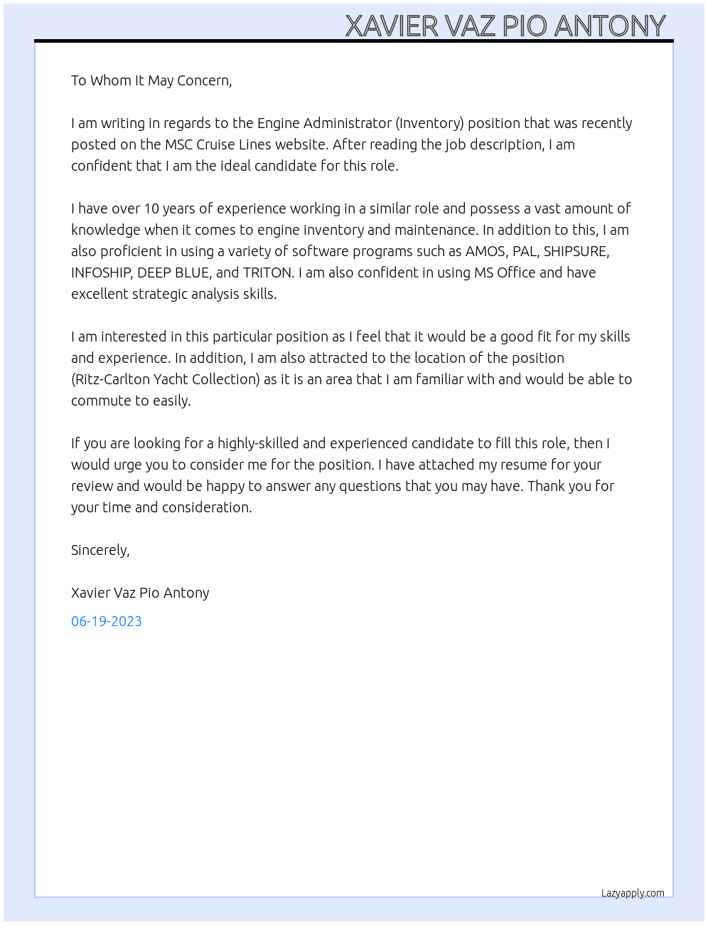 Engine Administrator (Inventory) At MSC CRUISE LINES Cover Letter