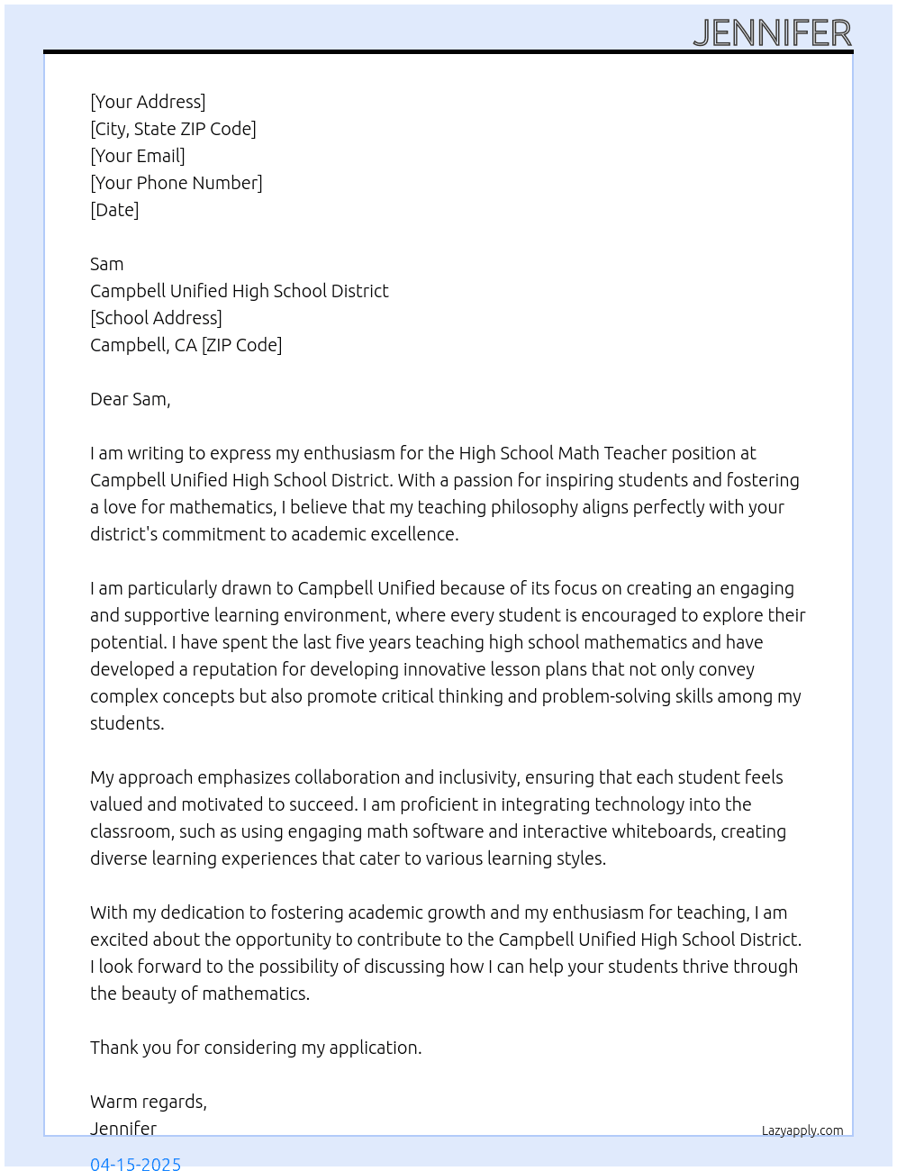 High School Math Teacher At Campbell Unified High School District Cover Letter