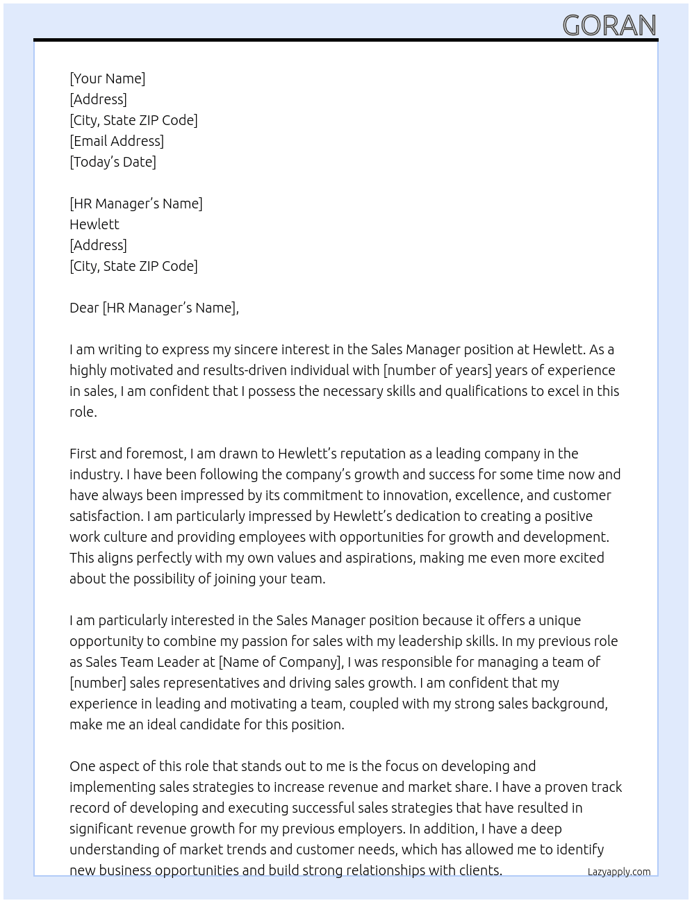 Sales manager At Hewlett Cover Letter