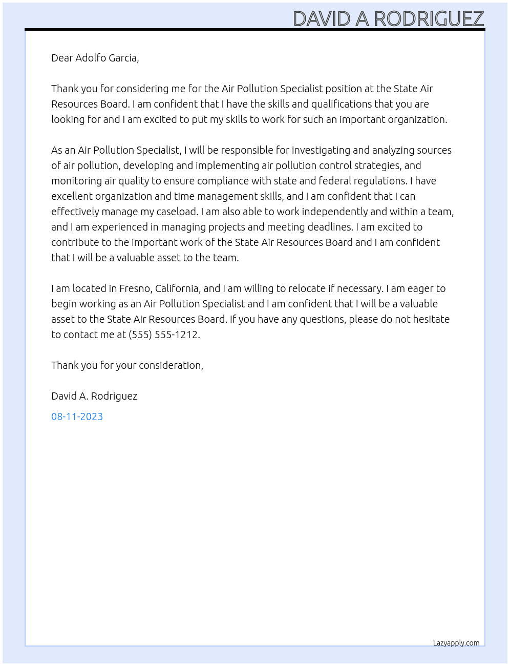 Air pollution specialist At State Air Resources Board Cover Letter