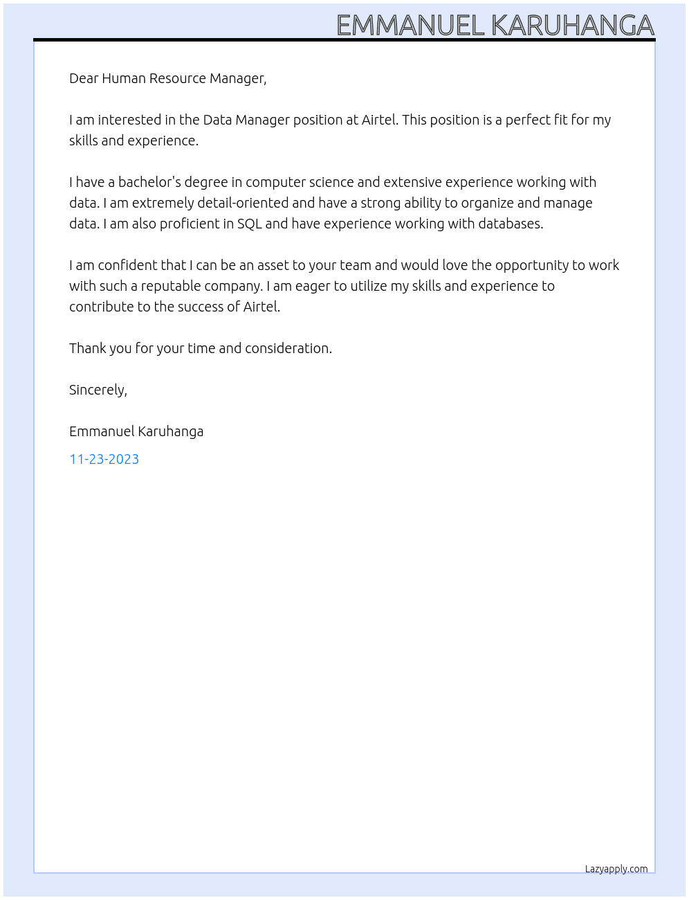 Data Manager At Airtel Cover Letter