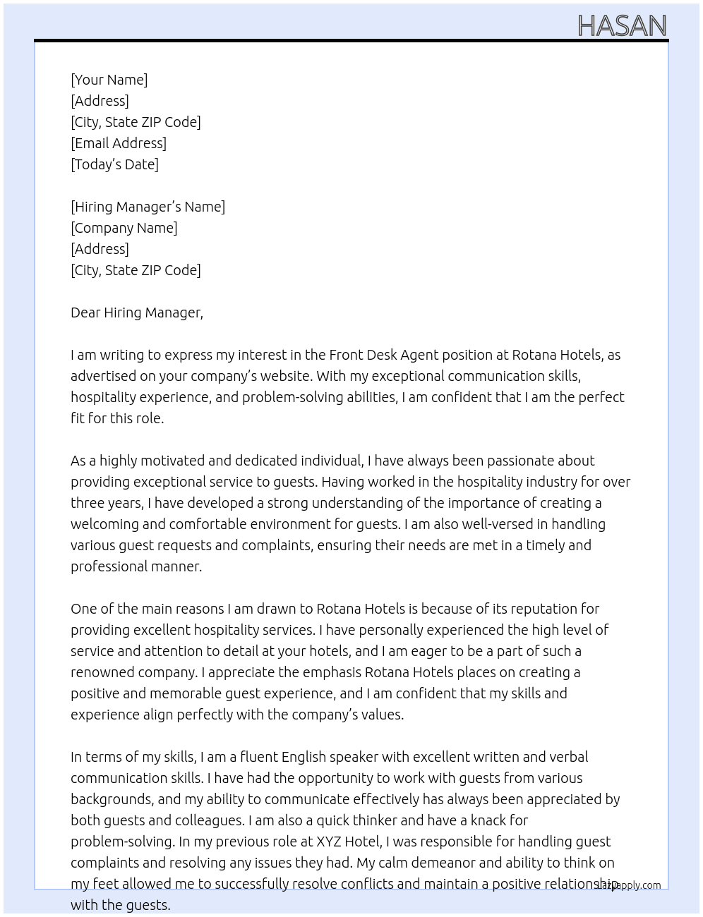 Front Desk Agent At  Rotana Hotels Cover Letter