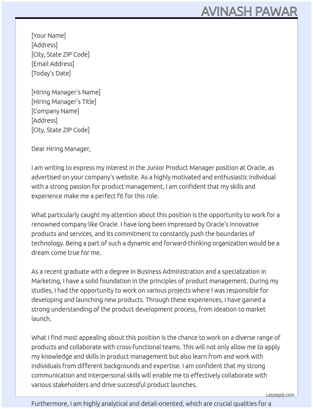 Junior Product Manager At Oracle Cover Letter