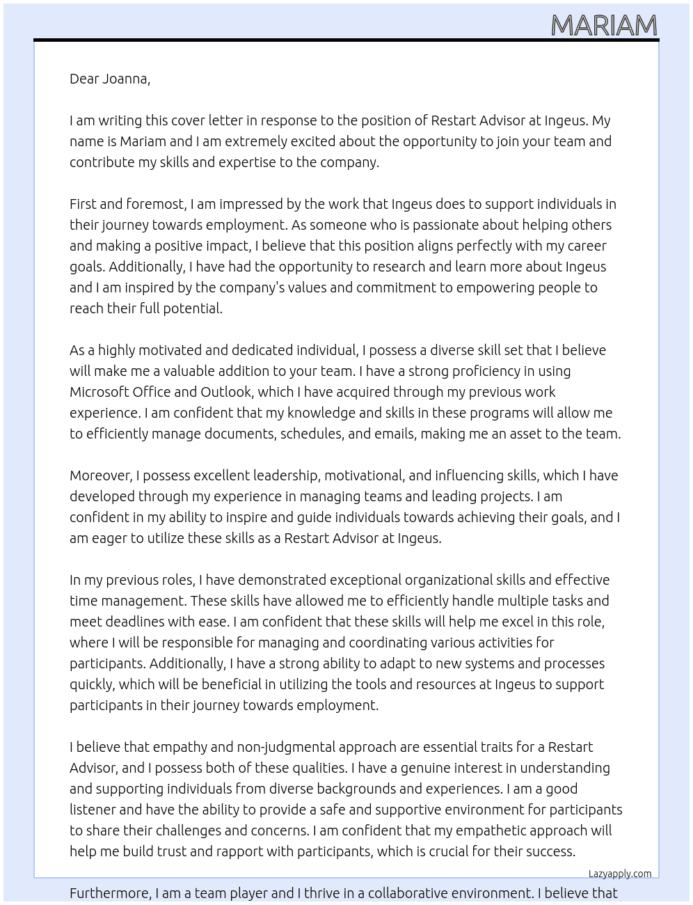 restart advidsor At Ingeus Cover Letter