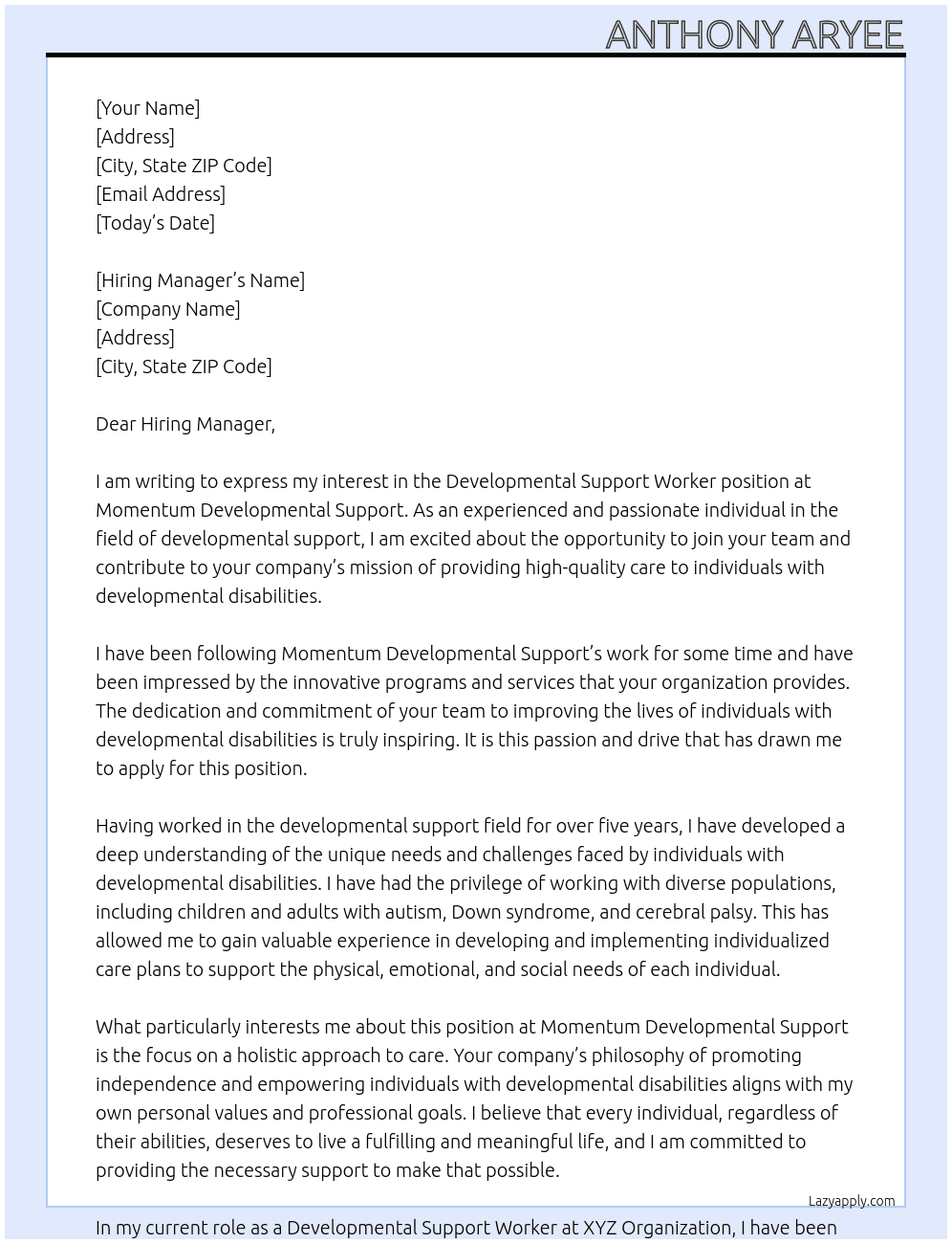 Developmental Support Worker At Momentum Developmental Support Cover Letter
