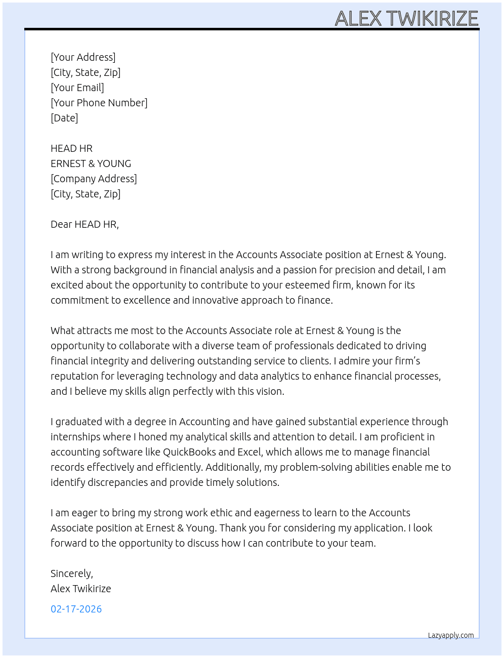 Accounts associate At ERNEST & YOUNG Cover Letter