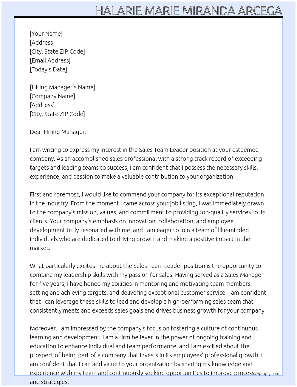 Sales Team Leader At to your company Cover Letter