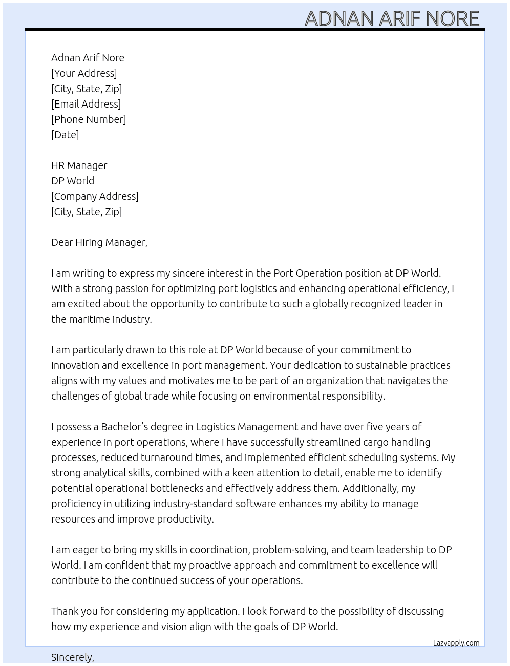 Port operation  At DP world  Cover Letter