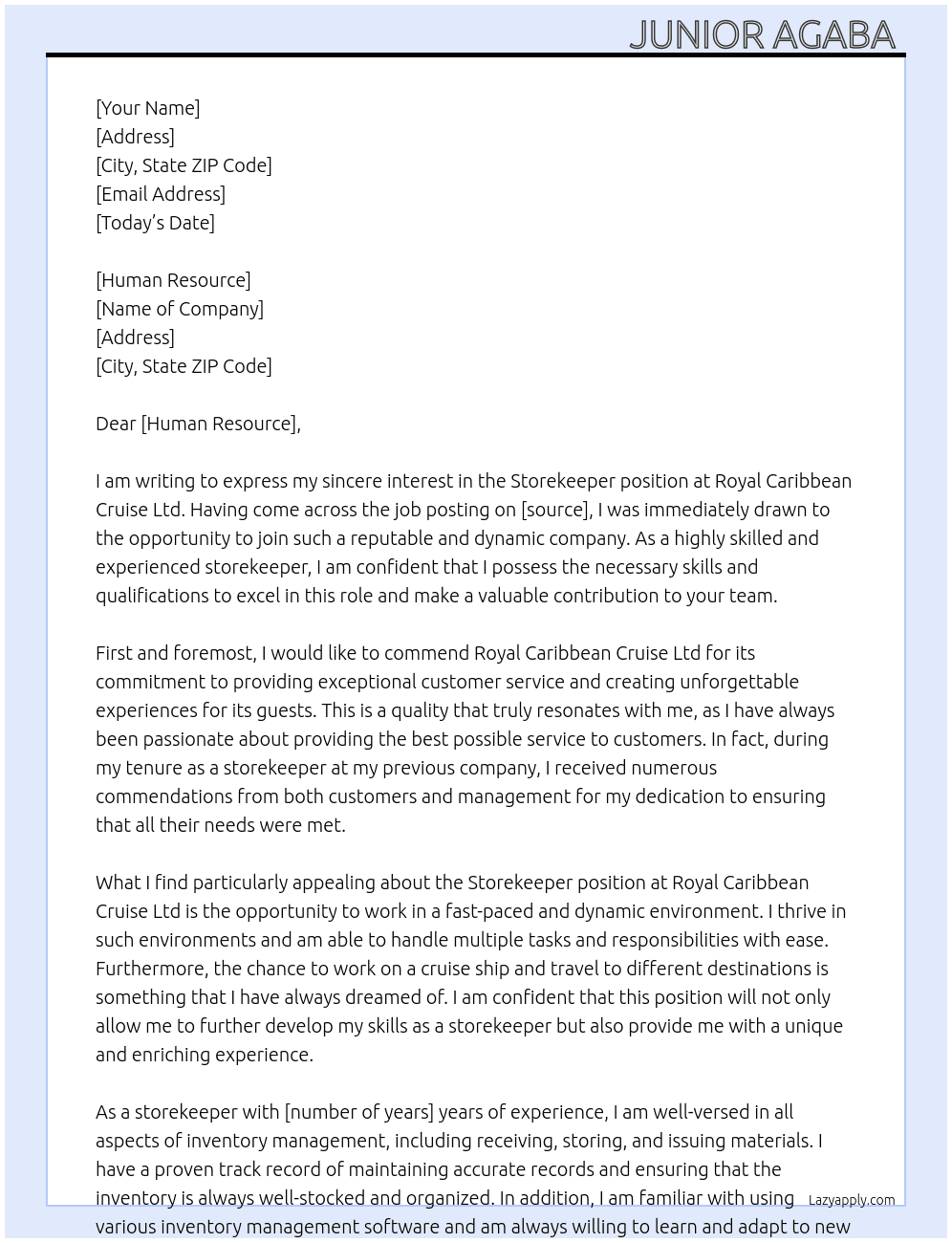storekeeper At ROYAL CARIBBEAN CRUISE LTD Cover Letter