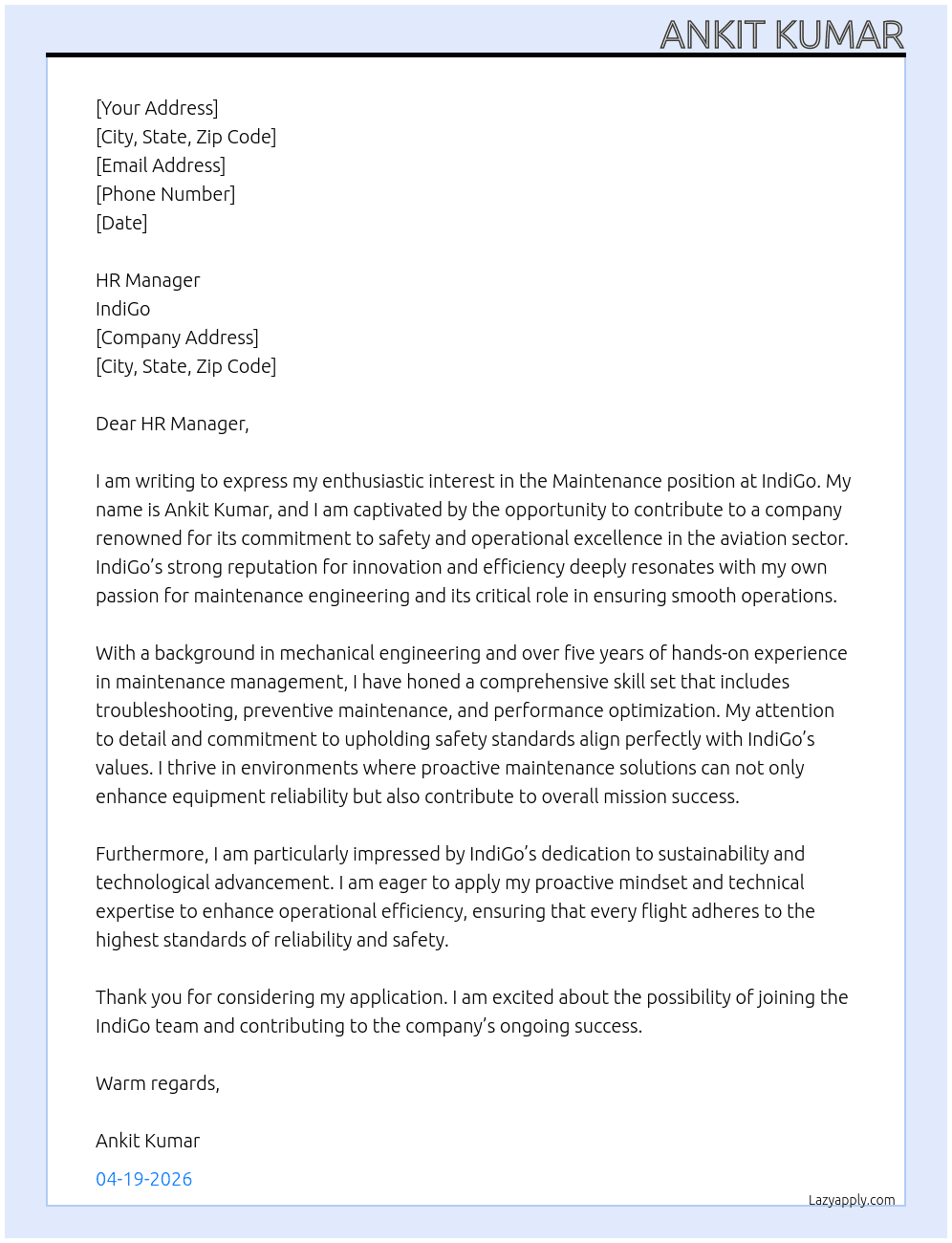 Cover letter for maintenance - LazyApply