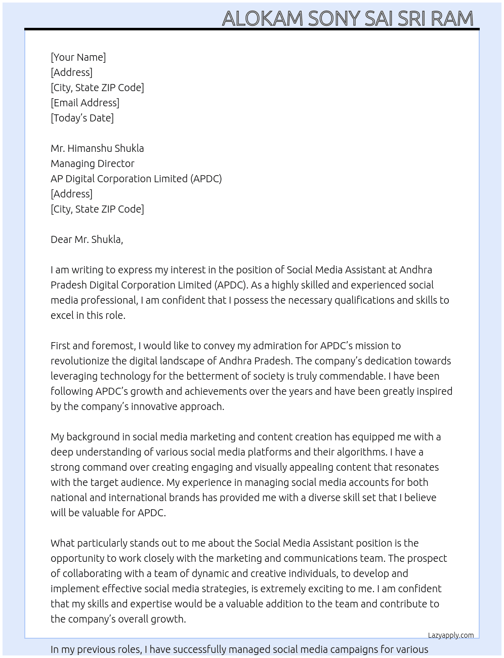 Social Media Assistant  At ANDHRA PRADESH DIGITAL CORPORATION LIMITED (APDC) Cover Letter