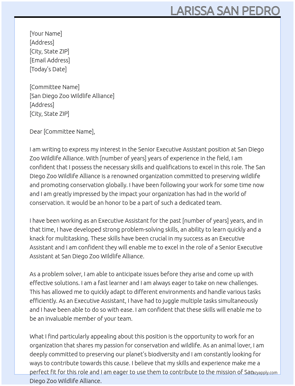 senior executive assistant At san diego zoo wildlife alliance Cover Letter
