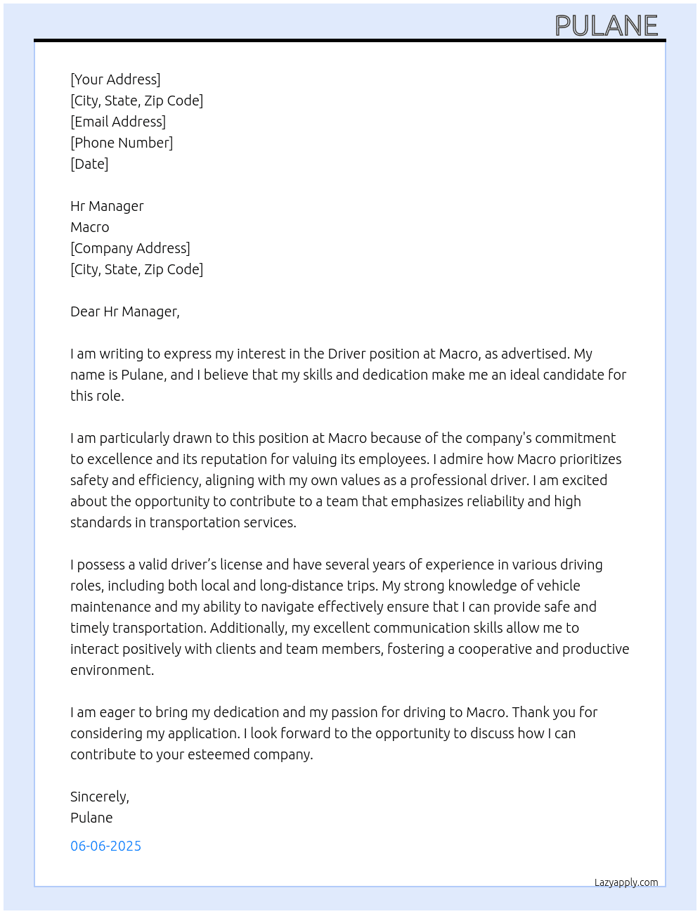 Driver  At Macro Cover Letter