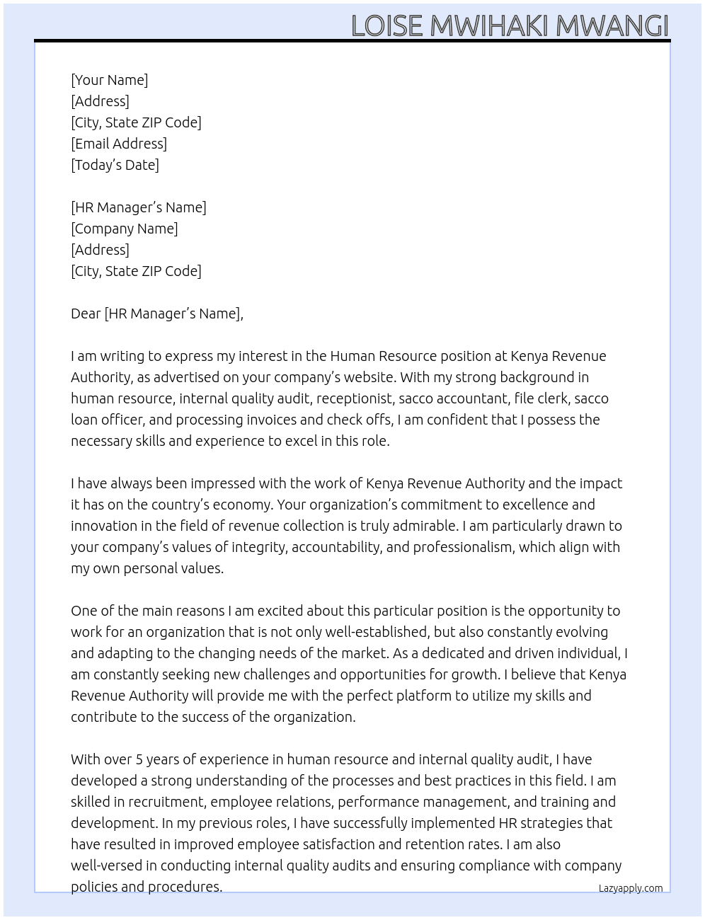 Human resource At Kenya Revenue Authority Cover Letter