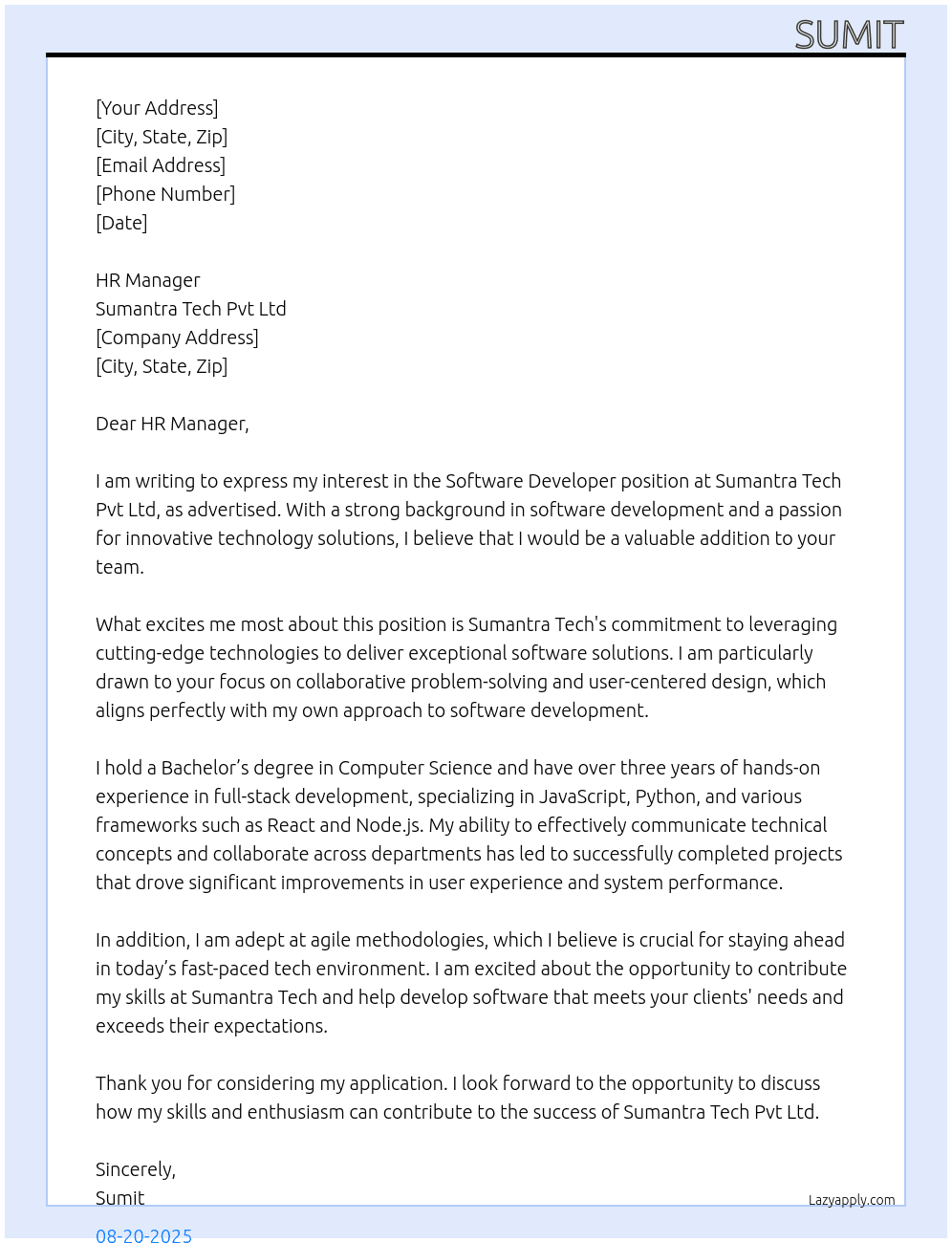 software developer At sumantra tech pvt ltd Cover Letter
