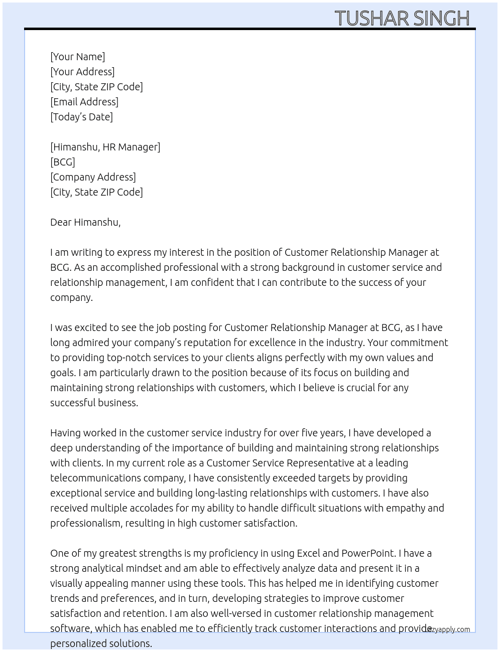 Customer Relationship Manager  At BCG Cover Letter