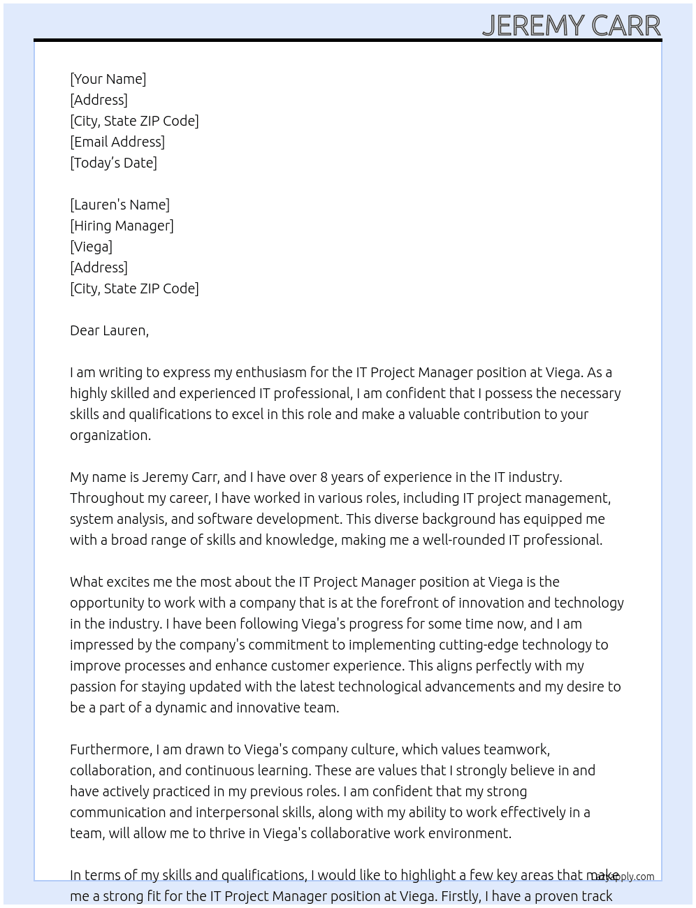 IT PROJECT MANGER At Viega Cover Letter