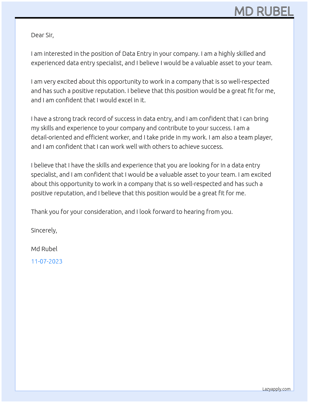 Data entry At Mid-sized company Cover Letter