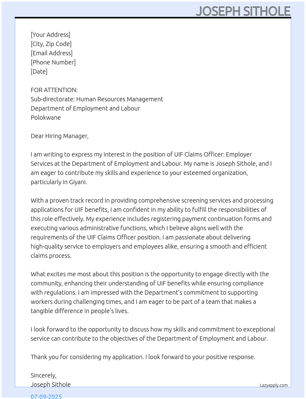 UIF Claims Officer: Employer Services  At Department of Employment and Labour Cover Letter