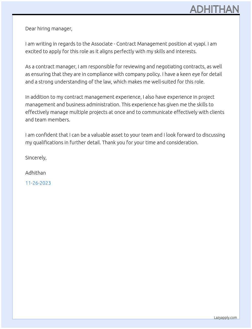 Associate - Contract Management At vyapi Cover Letter