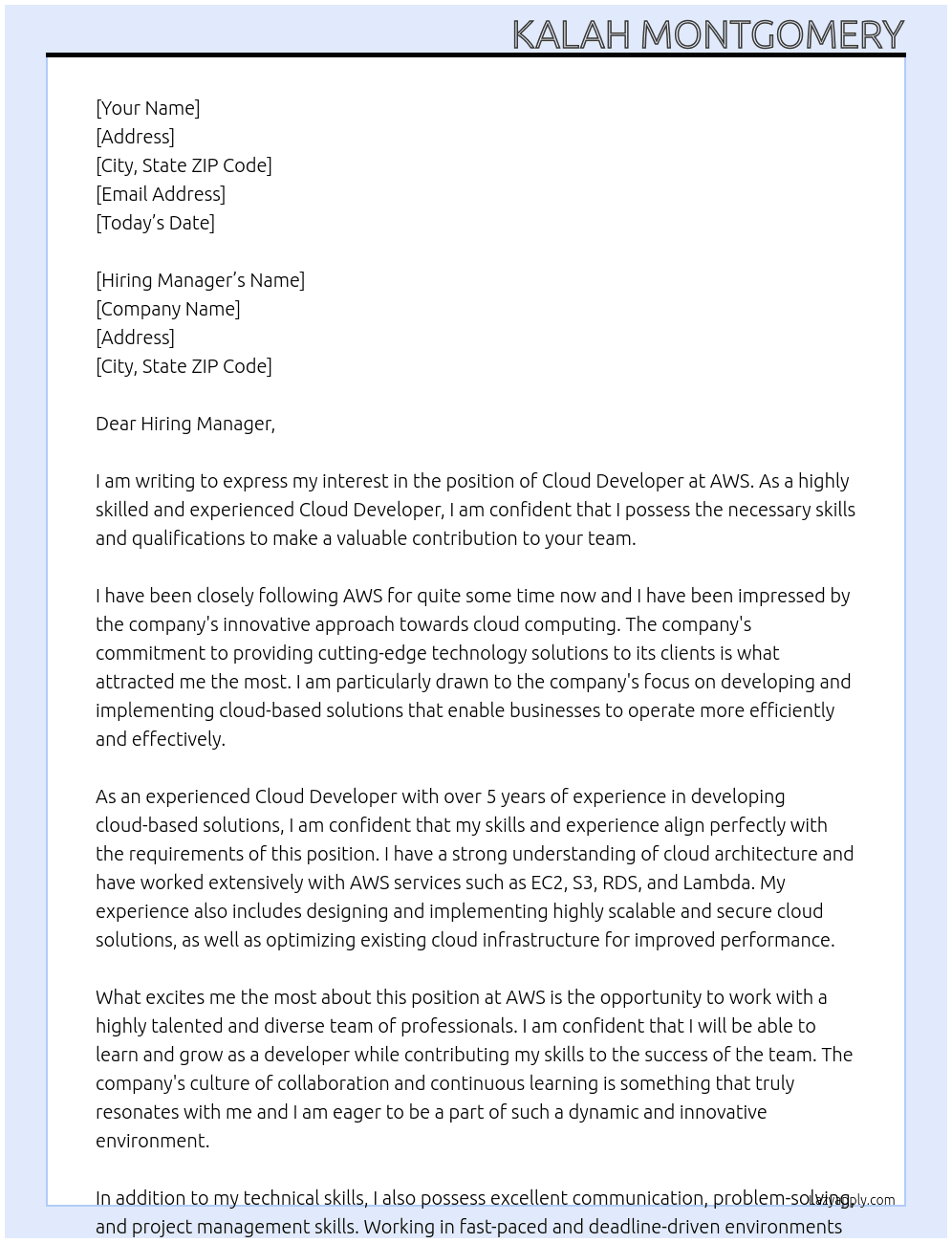 Cloud Developer At AWS Cover Letter
