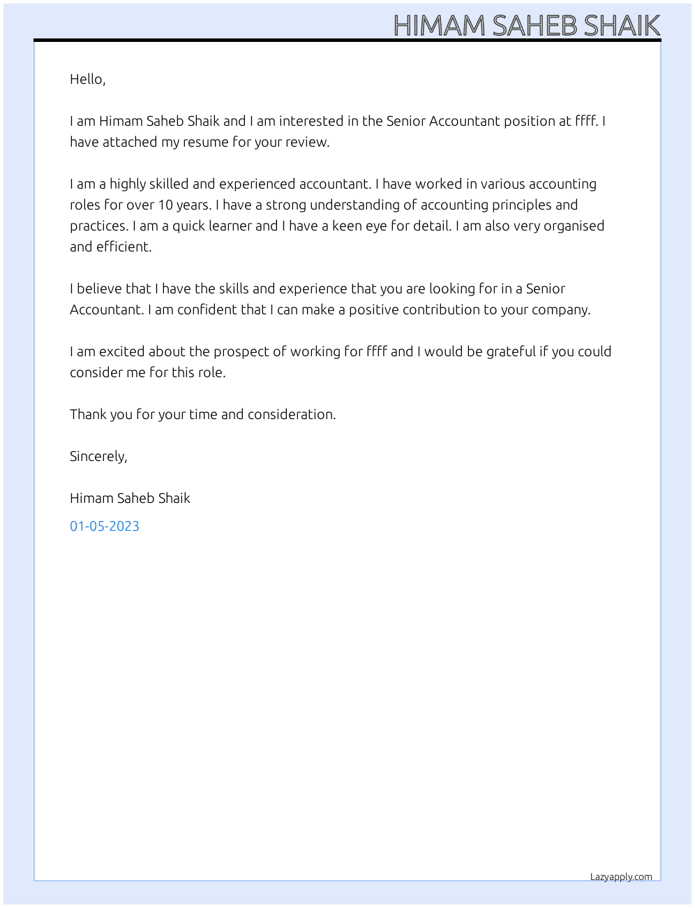 Senior Accountant At ffff Cover Letter