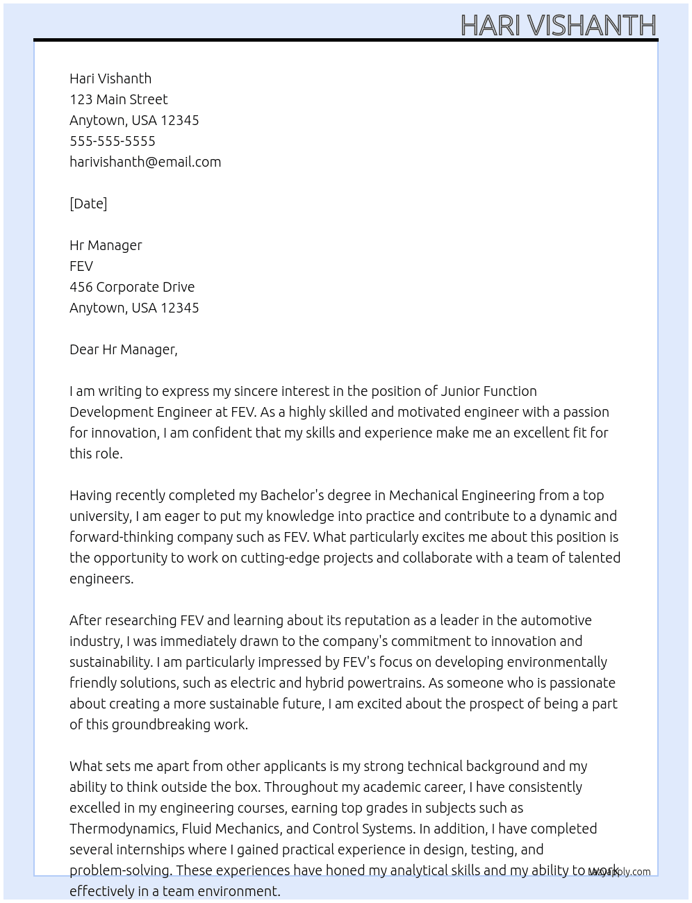 Junior function development engineer At FEV Cover Letter