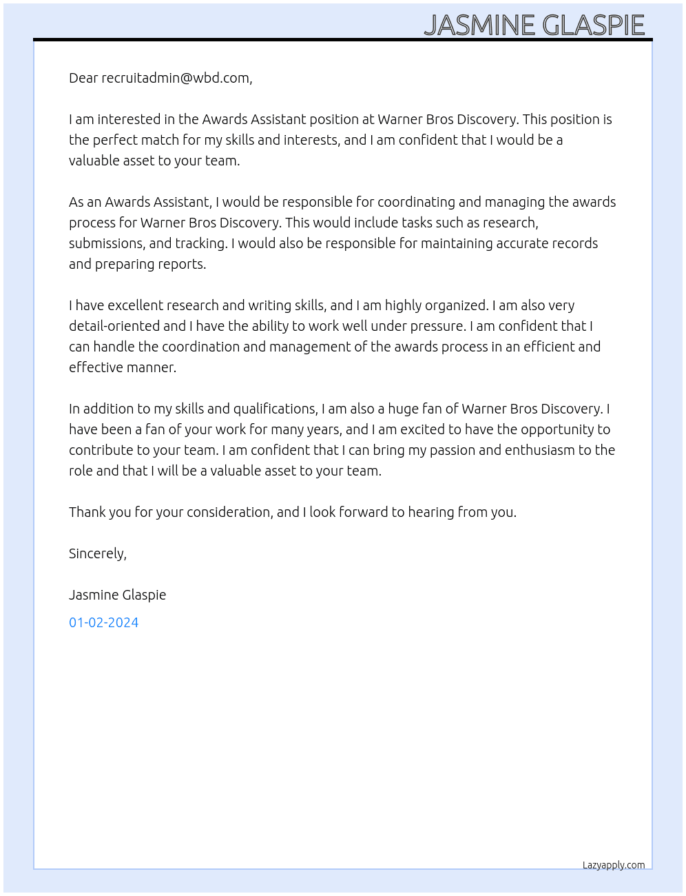 Awards Assistant  At Warner Bros Discovery  Cover Letter