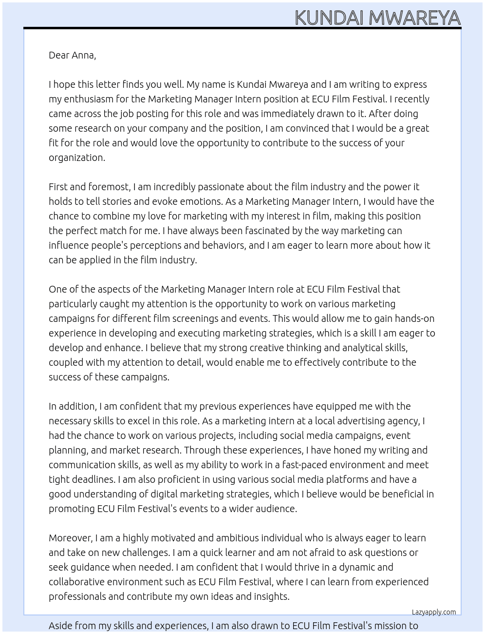 Marketing manager intern At ECU Film Festival Cover Letter