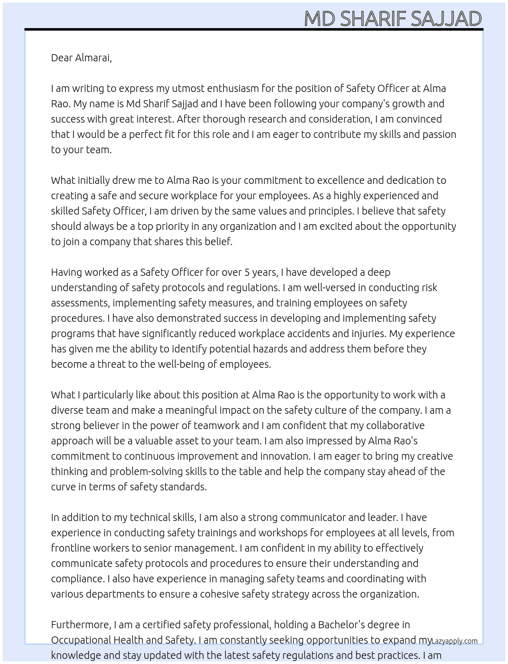 Safety Officer  At Alma Rao Cover Letter