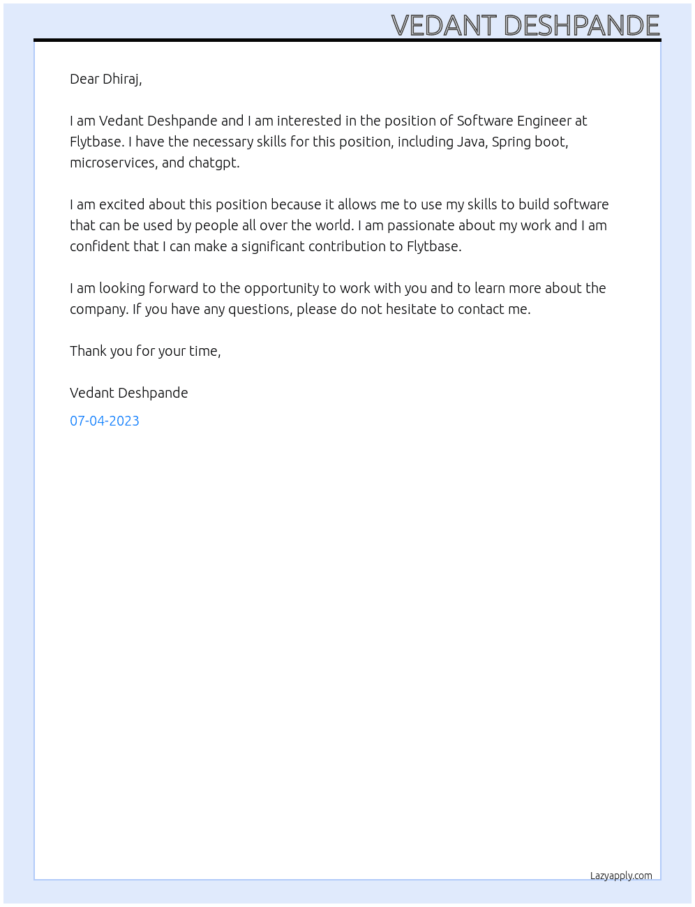 Software Engineer At Flytbase Cover Letter