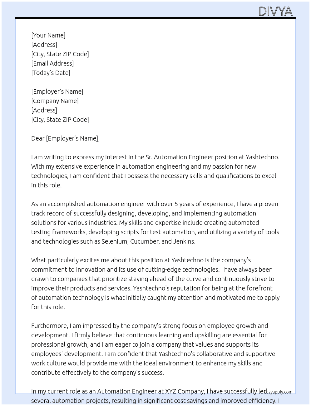 Sr. Automation Engineer At yashtechno Cover Letter