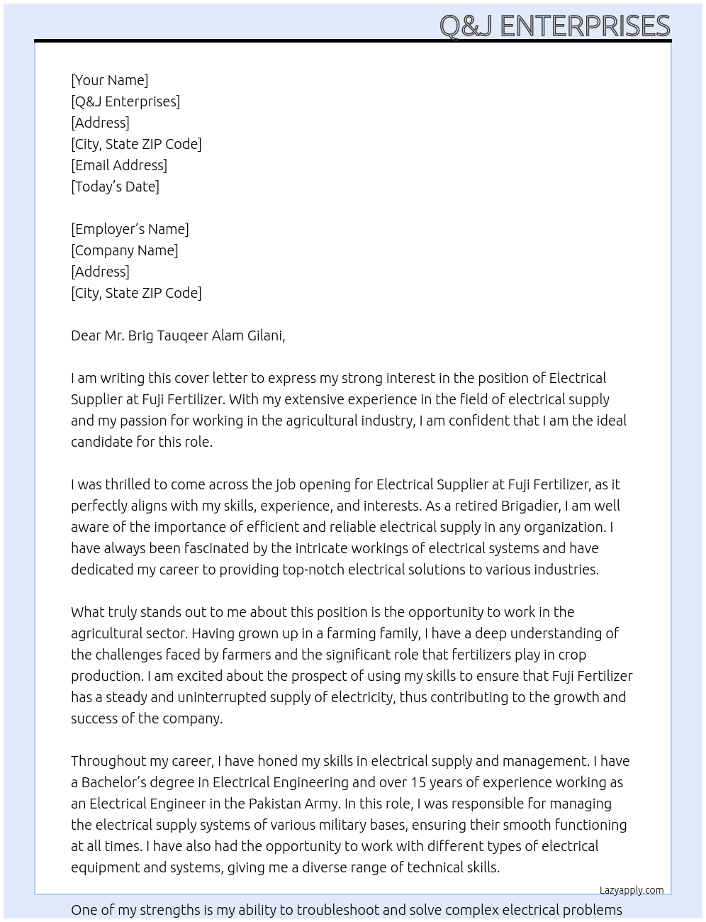Electrical Supplier At Fuji Fertilizer Cover Letter