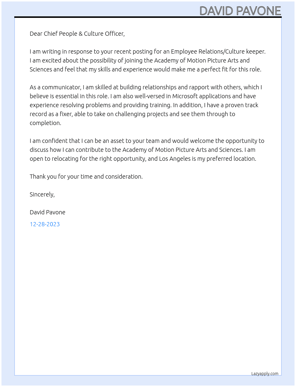 Employee Relations/ culture keeper At Academy of Motion Picture Arts and Sciences Cover Letter