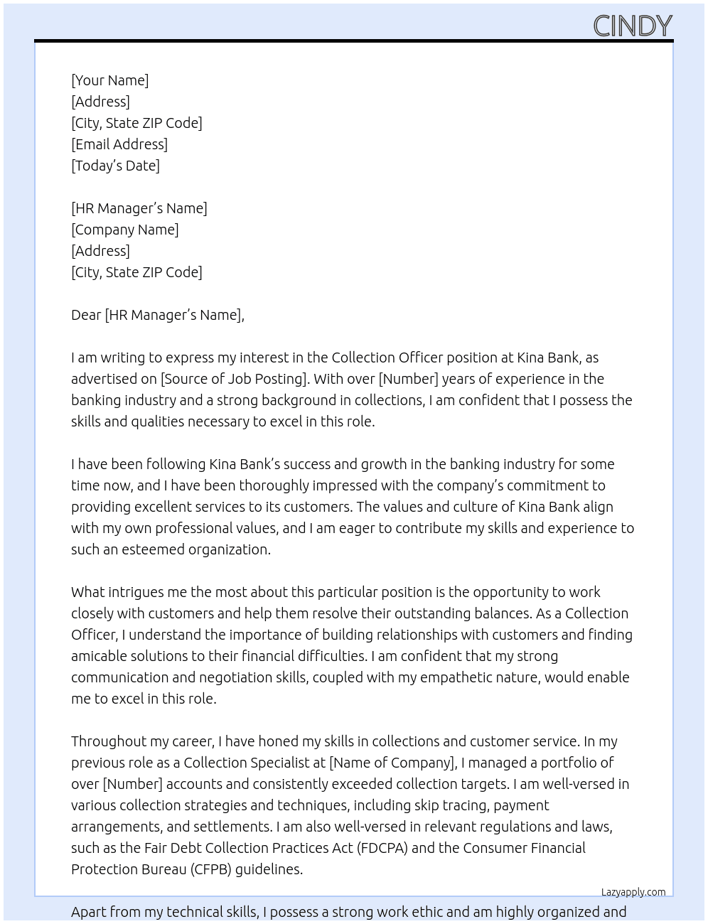 Collection Officer  At Kina Bank Cover Letter