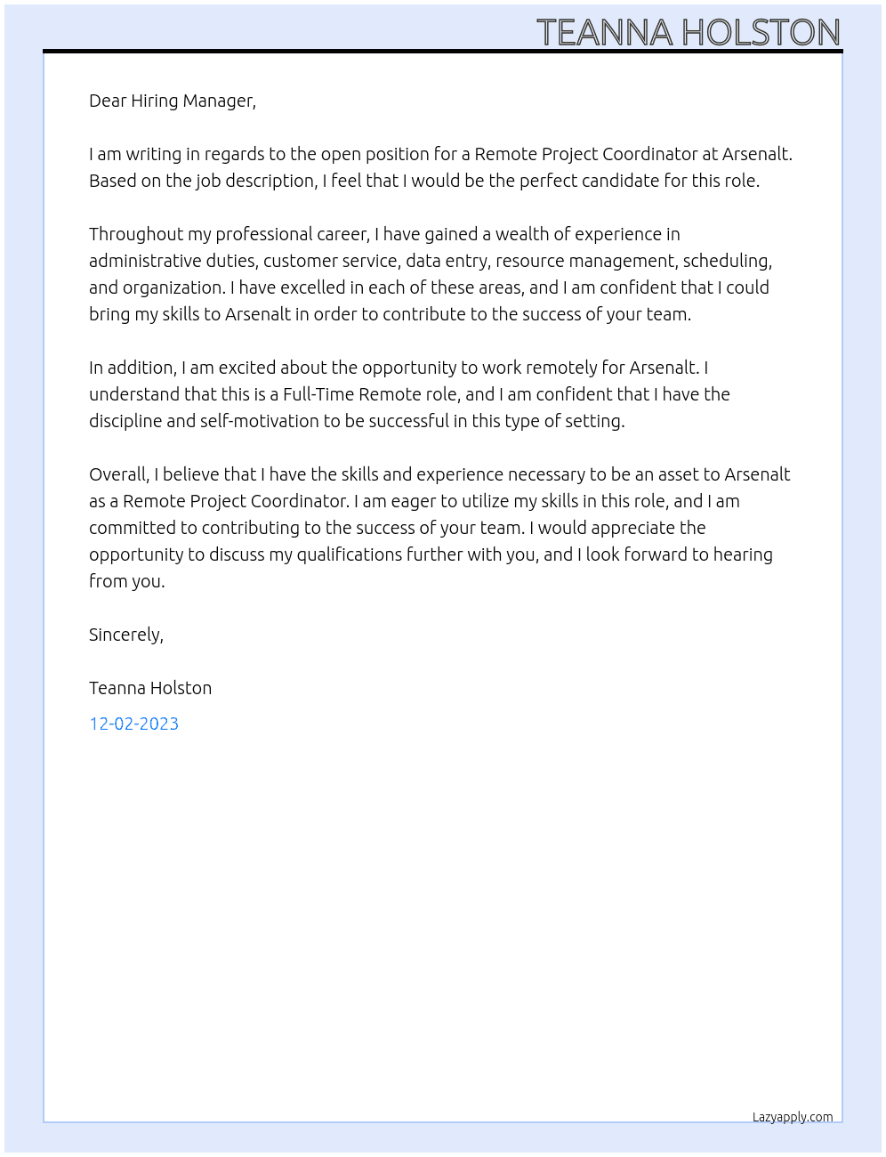 Remote Project Coordinator  At Arsenalt Cover Letter