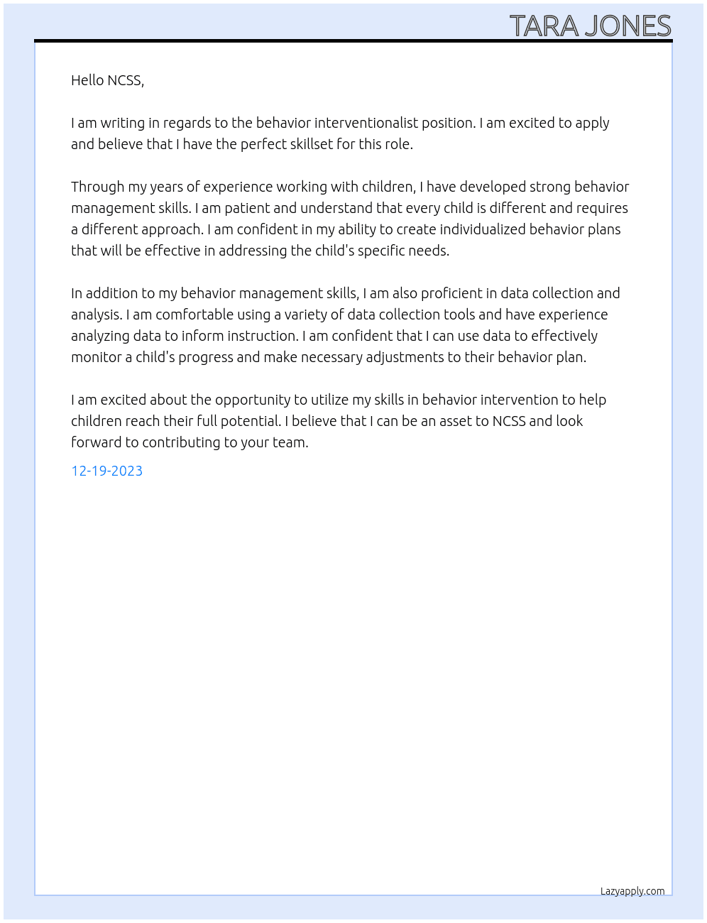 Behavior interventionalist At NCSS Cover Letter