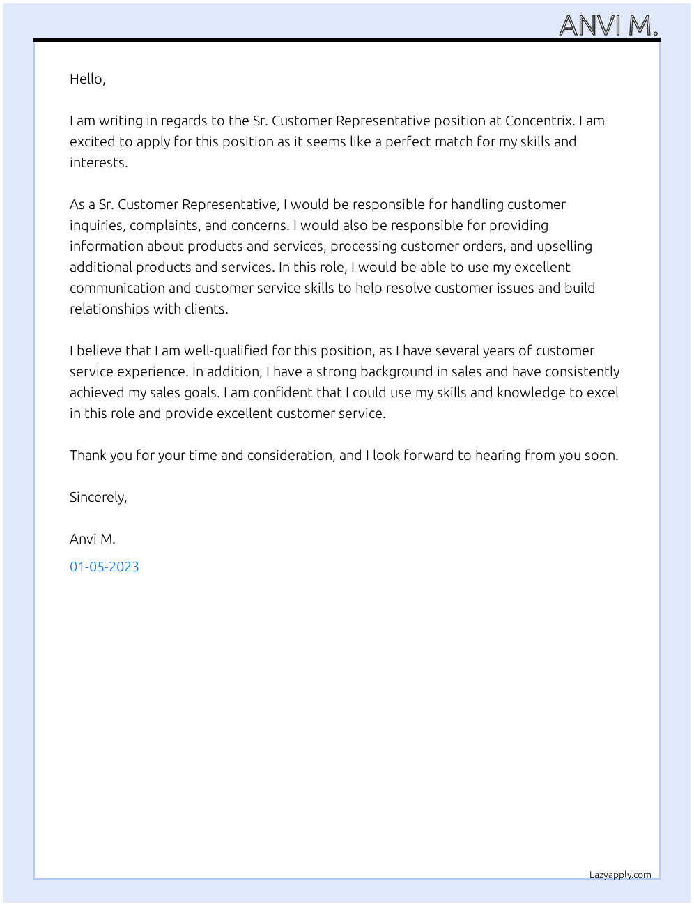 Cover letter for sr. customer representative - LazyApply